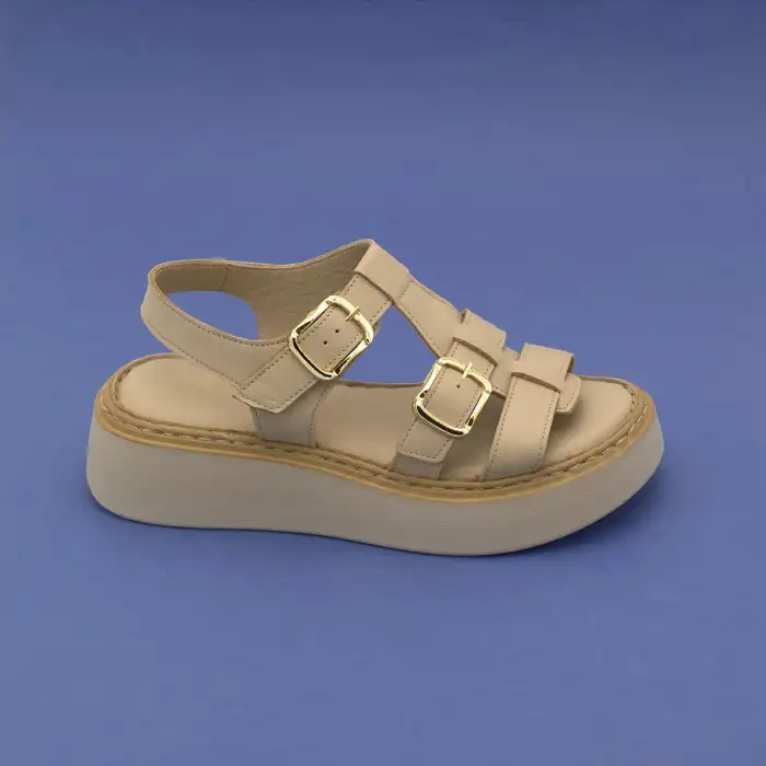 ASY 1169 Hakiki Deri Kalın Taban Bayan Sandalet Bej