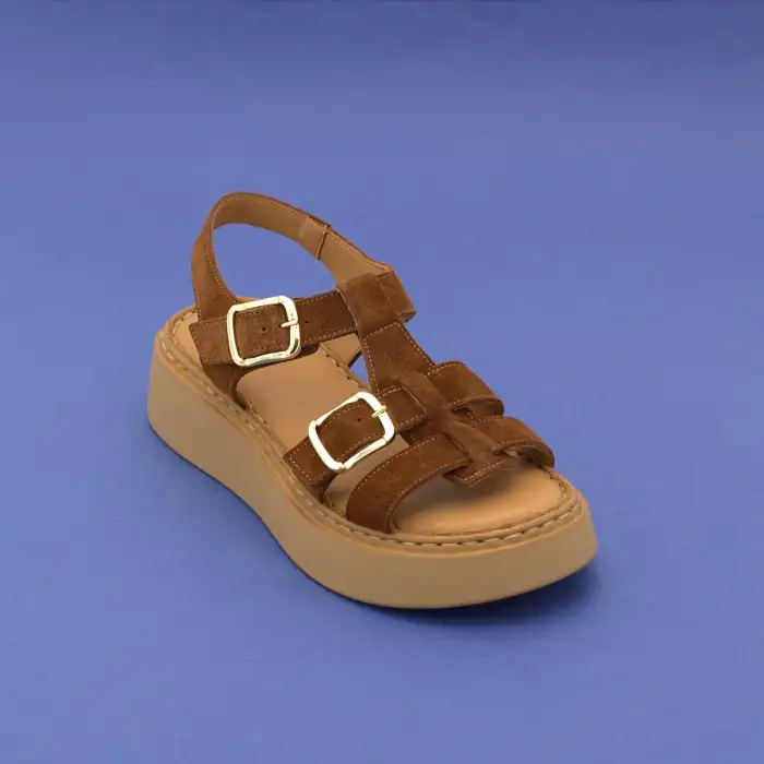 ASY 1169 Hakiki Deri Kalın Taban Bayan Sandalet Kahve Süet