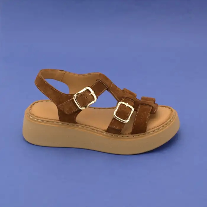 ASY 1169 Hakiki Deri Kalın Taban Bayan Sandalet Kahve Süet