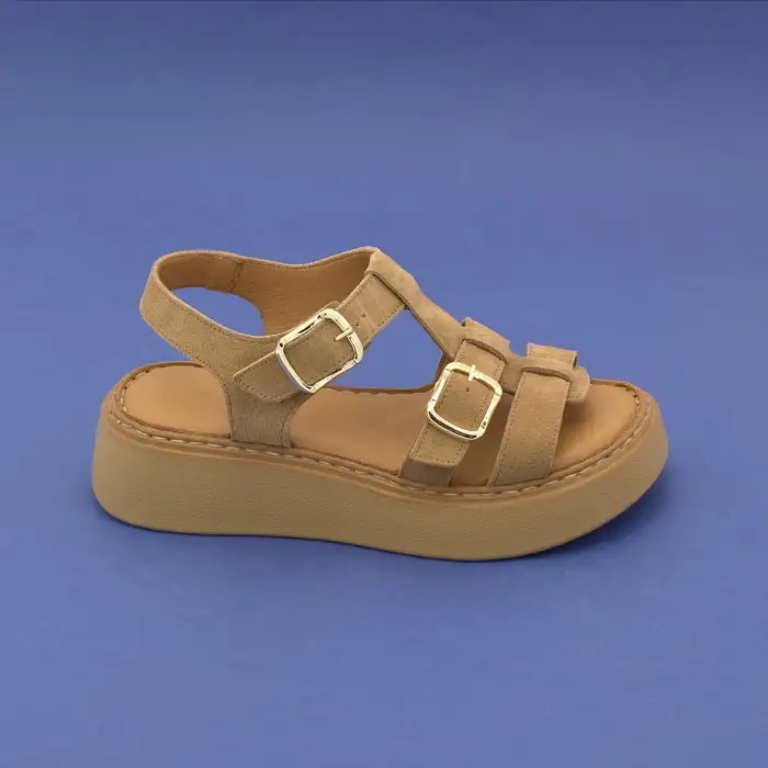 ASY 1169 Hakiki Deri Kalın Taban Bayan Sandalet Kum Süet