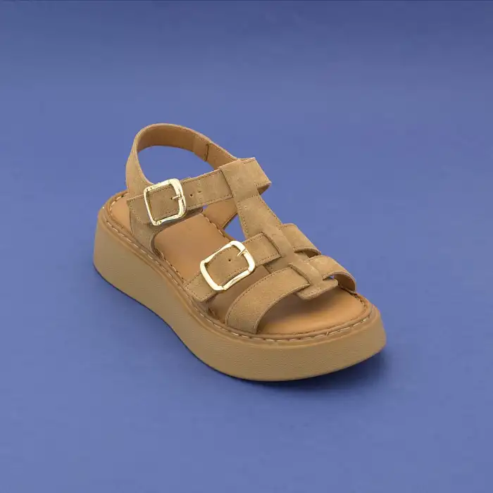 ASY 1169 Hakiki Deri Kalın Taban Bayan Sandalet Kum Süet