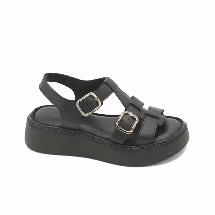 ASY 1169 Hakiki Deri Kalın Taban Bayan Sandalet Siyah