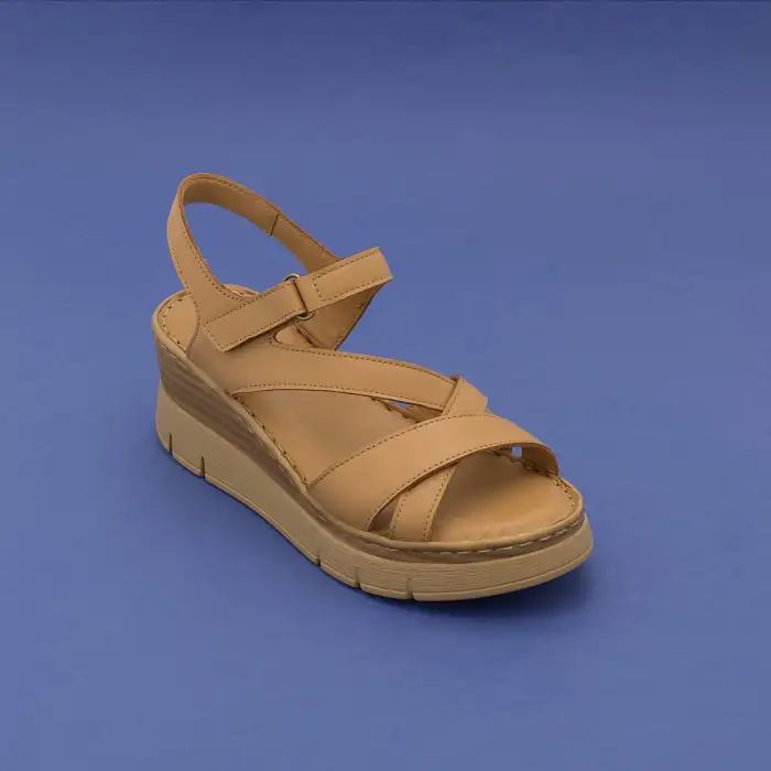 ASY 1199 Hakiki Deri Dolgu Topuk Bayan Sandalet Taba