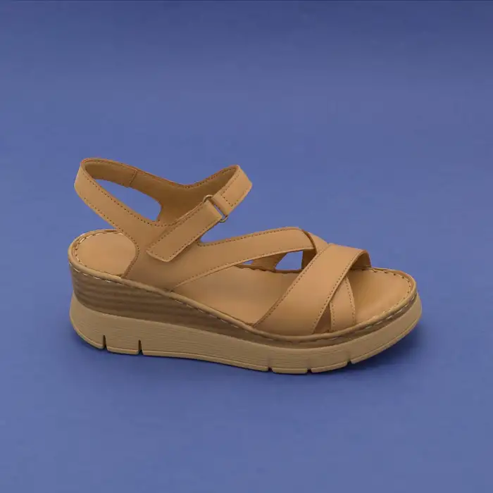 ASY 1199 Hakiki Deri Dolgu Topuk Bayan Sandalet Taba