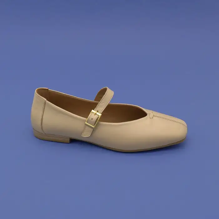 BLL 101 Hakiki Deri Üstten Bantlı Bayan Babet Bej