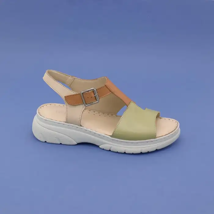 EKN 171 Hakiki Deri Bayan Sandalet Bej Garni