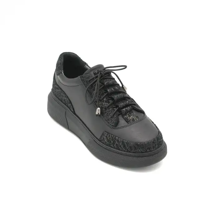 ERK 021 Hakiki Deri  Lastik Bağcıklı Kışlık Bayan Ayakkabı Siyah