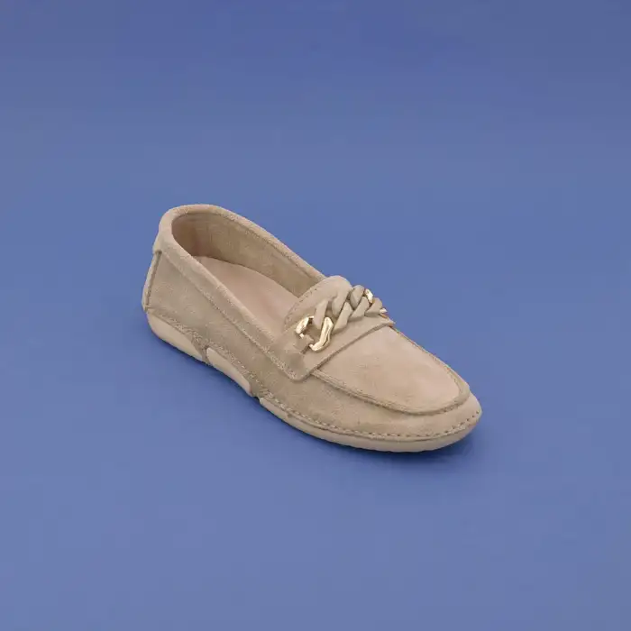 ESC 112 Hakiki Deri Tokalı Bayan Babet Bej Süet