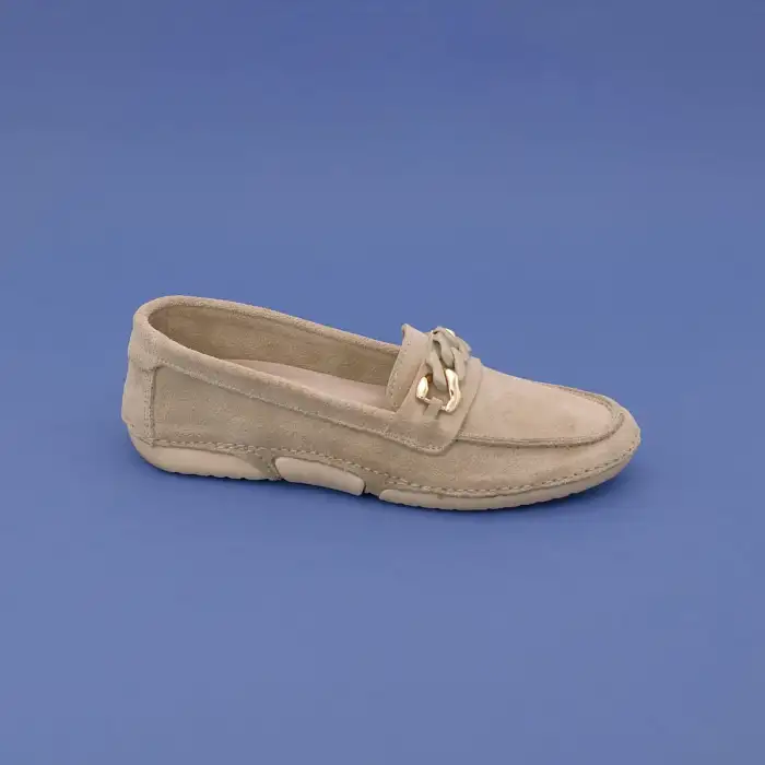 ESC 112 Hakiki Deri Tokalı Bayan Babet Bej Süet