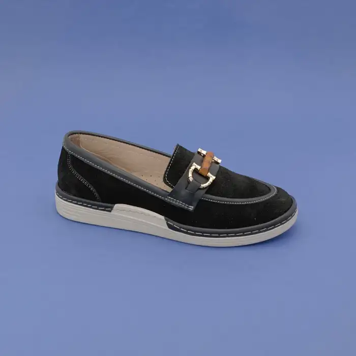 ESC 162 Hakiki Deri Tokalı Bayan Babet Siyah Süet