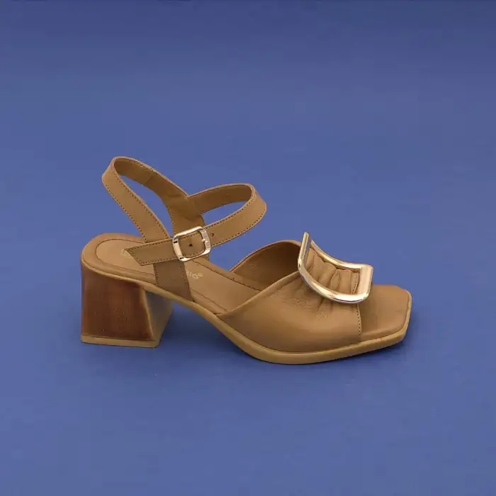 PKR 19008 Hakiki Deri Tokalı Bayan Sandalet 6 cm Taba