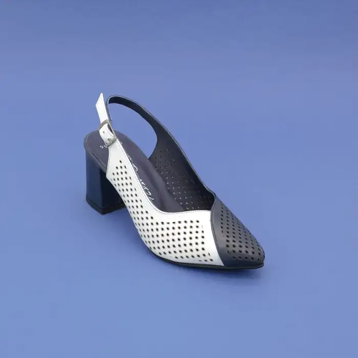 PYZ 991 Hakiki Deri Arka Açık 7 cm Topuklu Bayan Ayakkabı Lacivert-Beyaz