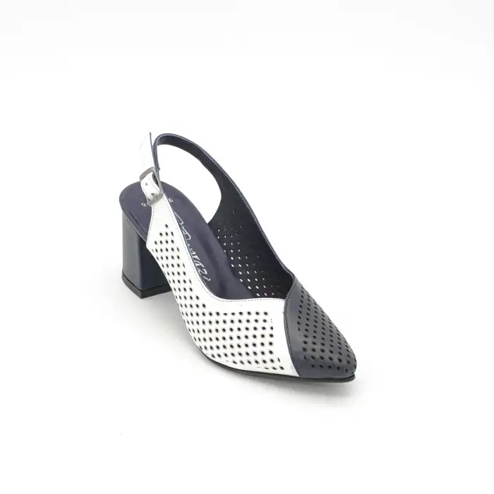 PYZ 991 Hakiki Deri Arka Açık 7 cm Topuklu Bayan Ayakkabı Lacivert-Beyaz