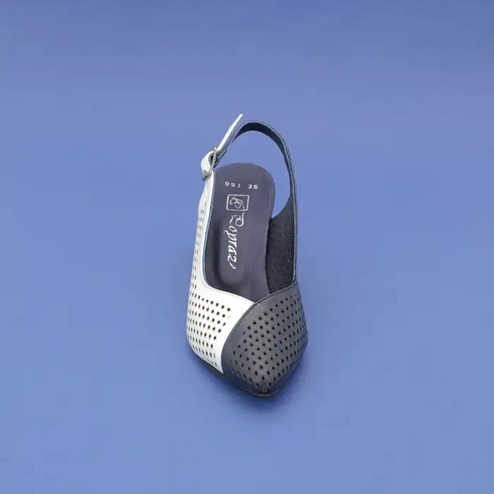 PYZ 991 Hakiki Deri Arka Açık 7 cm Topuklu Bayan Ayakkabı Lacivert-Beyaz