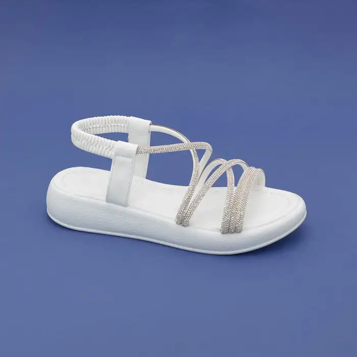 SRK 35250 Taş Bantlı Bayan Sandalet Beyaz