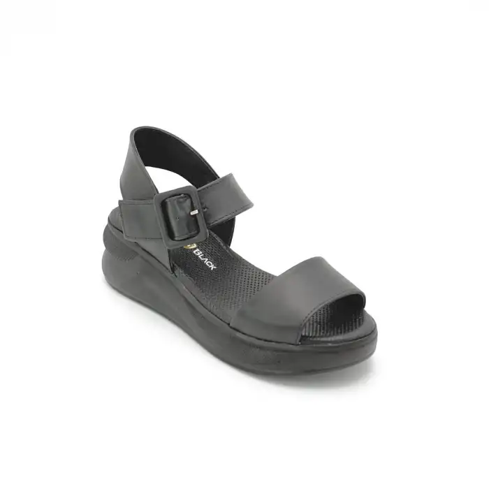 SRK 42622 Hakiki Deri Kalın Taban Bayan Sandalet Siyah