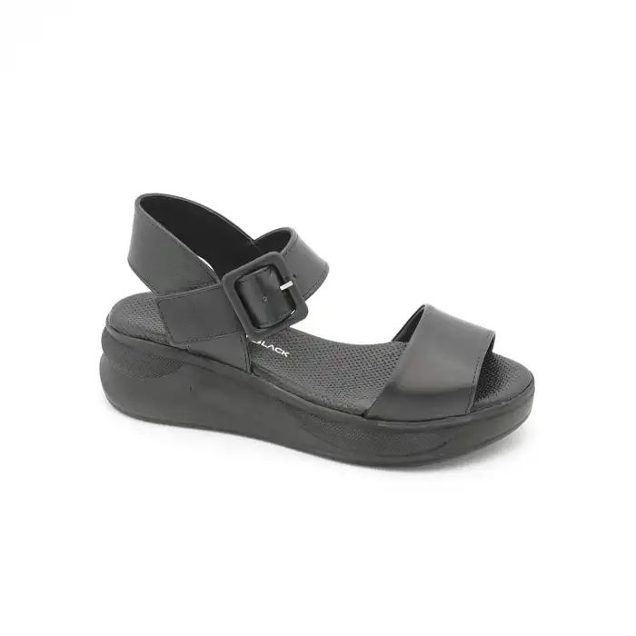 SRK 42622 Hakiki Deri Kalın Taban Bayan Sandalet Siyah