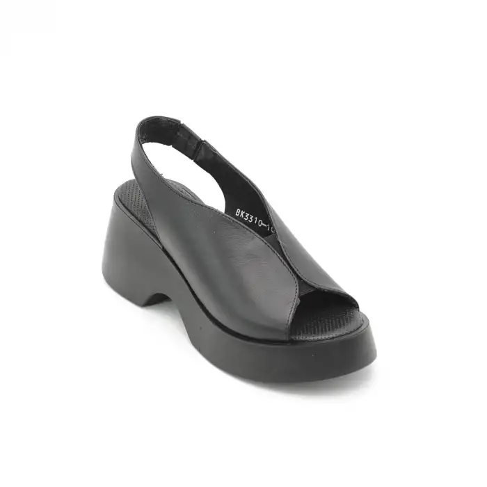 SRK 42624 Hakiki Deri Kalın Taban Bayan Sandalet Siyah