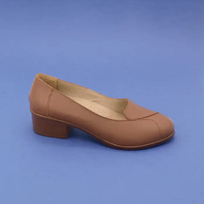 YVZ 49 Taba Hakiki Deri Kısa Topuklu Bayan Ayakkabı Taba