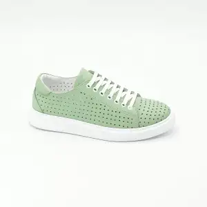 6015 DMT Hakiki Deri Bayan Ayakkabı Su Yeşili Poli Delikli