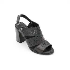 108 EST Hakiki Deri Topuklu Bayan Sandalet Siyah