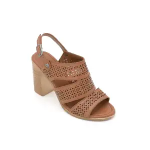 108 EST Hakiki Deri Topuklu Bayan Sandalet Taba