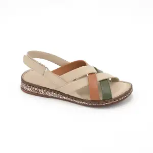 1002 İZZ Hakiki Deri Bayan Sandalet Bej Multi