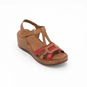 798 ASY Hakiki Deri Bayan Sandalet Taba-Kırmızı