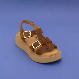 ASY 1169 Hakiki Deri Kalın Taban Bayan Sandalet Kahve Süet