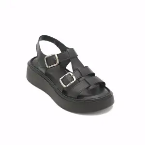 ASY 1169 Hakiki Deri Kalın Taban Bayan Sandalet Siyah