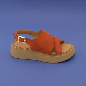 ASY 1214 Hakiki Deri Kalın Taban Bayan Sandalet Kiremit Süet