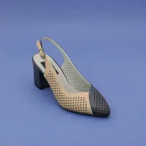 PYZ 991 Hakiki Deri Arka Açık 7 cm Topuklu Bayan Ayakkabı Lacivert-Bej