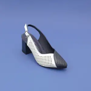 PYZ 991 Hakiki Deri Arka Açık 7 cm Topuklu Bayan Ayakkabı Lacivert-Beyaz