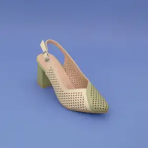 PYZ 991 Hakiki Deri Arka Açık 7 cm Topuklu Bayan Ayakkabı Yeşil-Bej