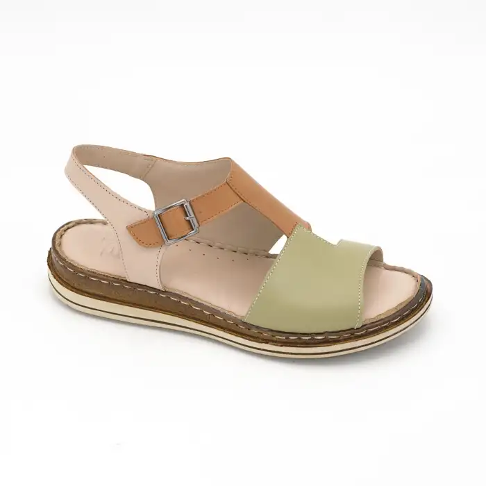 171 EKN Hakiki Deri Bayan Sandalet Yeşil-Taba