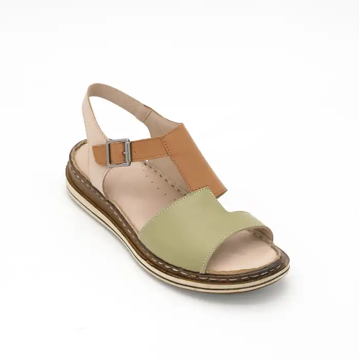 171 EKN Hakiki Deri Bayan Sandalet Yeşil-Taba