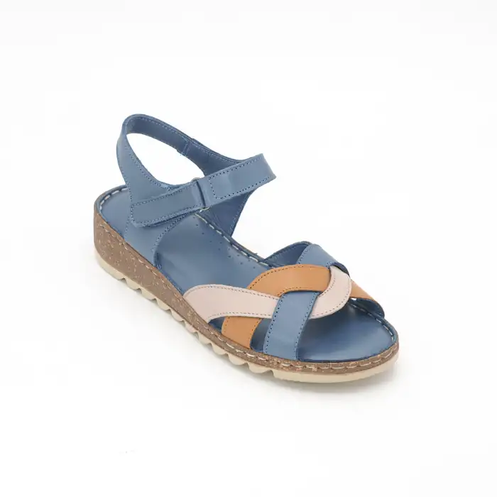 309 EKN Hakiki Deri Bayan Sandalet Mavi