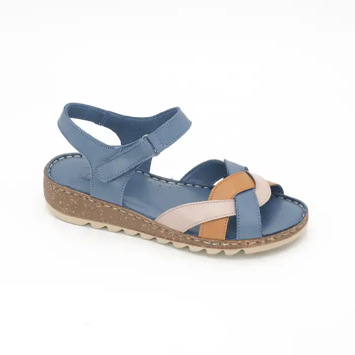 309 EKN Hakiki Deri Bayan Sandalet Mavi