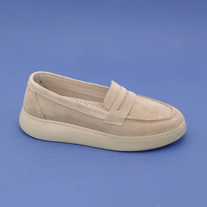 405 FMS Hakiki Deri Bayan Ayakkabı Bej Süet