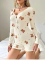 Kadın Bej Ayıcık Desenli Pijama Tulumu 5123