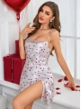 Kadın Beyaz Fuşya Kalp Desenli saten Gecelik 2219