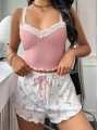Kadın Çiçek Desenli Dantel Askılı Şortlu Pijama Takımı 5200