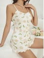 Kadın Ekru Çiçek Baskılı Şortlu Gecelik Pijama Takımı 5047