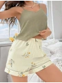 Kadın Ekru Çiçek Baskılı Şortlu Gecelik Pijama Takımı 5099
