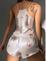 Kadın Ekru Gül Desenli Askılı Dantel Üst Pijama Takımı 2222