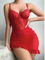 Kadın Kırmızı Asimetrik Kesim Transparan Fantezi Gecelik 2303