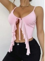 Kadın Pembe Crop Askılı Önden Bağlama Fırfır detaylı 5090