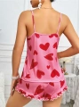 Kadın Pembe Kalp Baskılı Şortlu Gecelik Pijama Takımı 5050