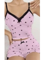 Kadın Pembe Kalp Desenli Askılı Şortlu Pijama Takım 5013