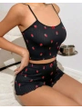 Kadın Siyah Çilek Desenli Seksi Gecelik Takım 5020